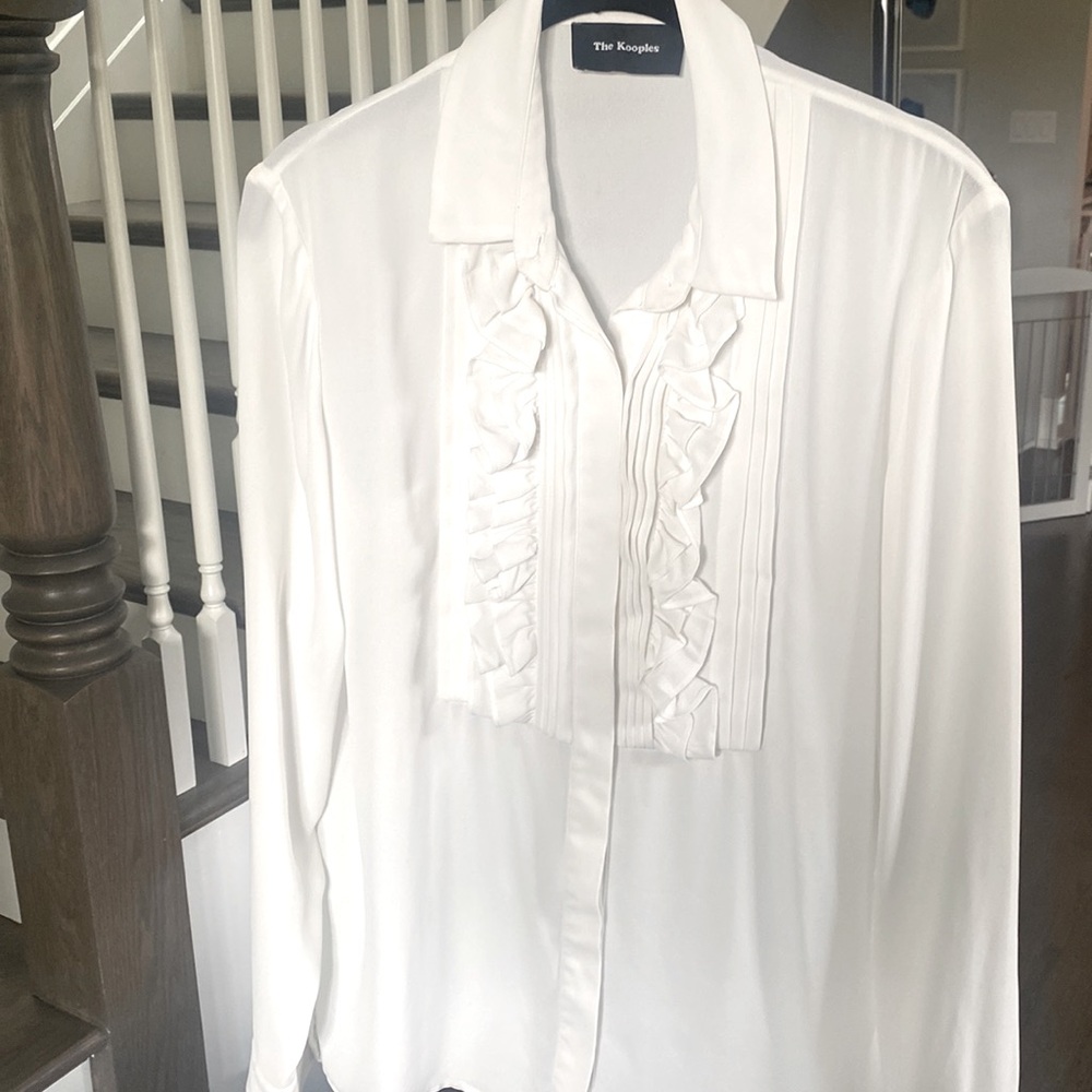 The Kooples long sleeve sheer white ruffle blouse, size S.